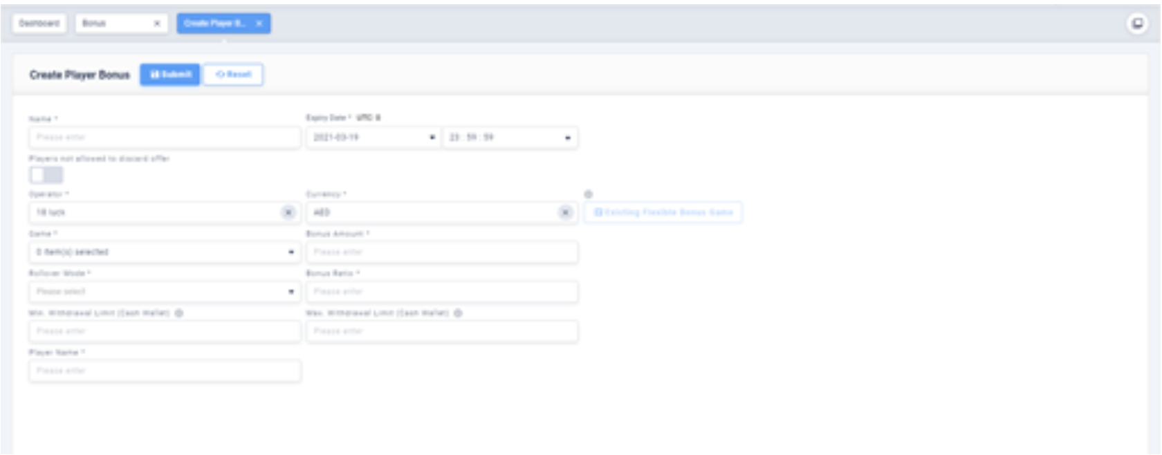 Create bonus form for player