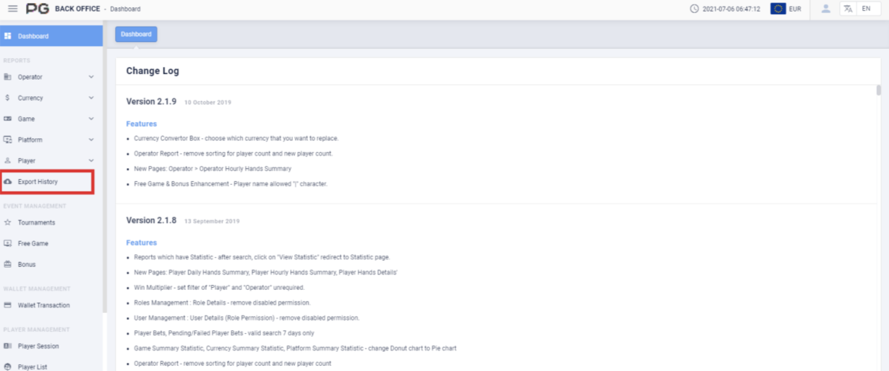 Export history Export history