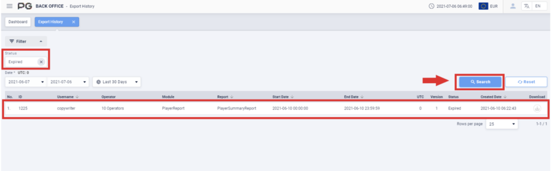 Export history search Export history search