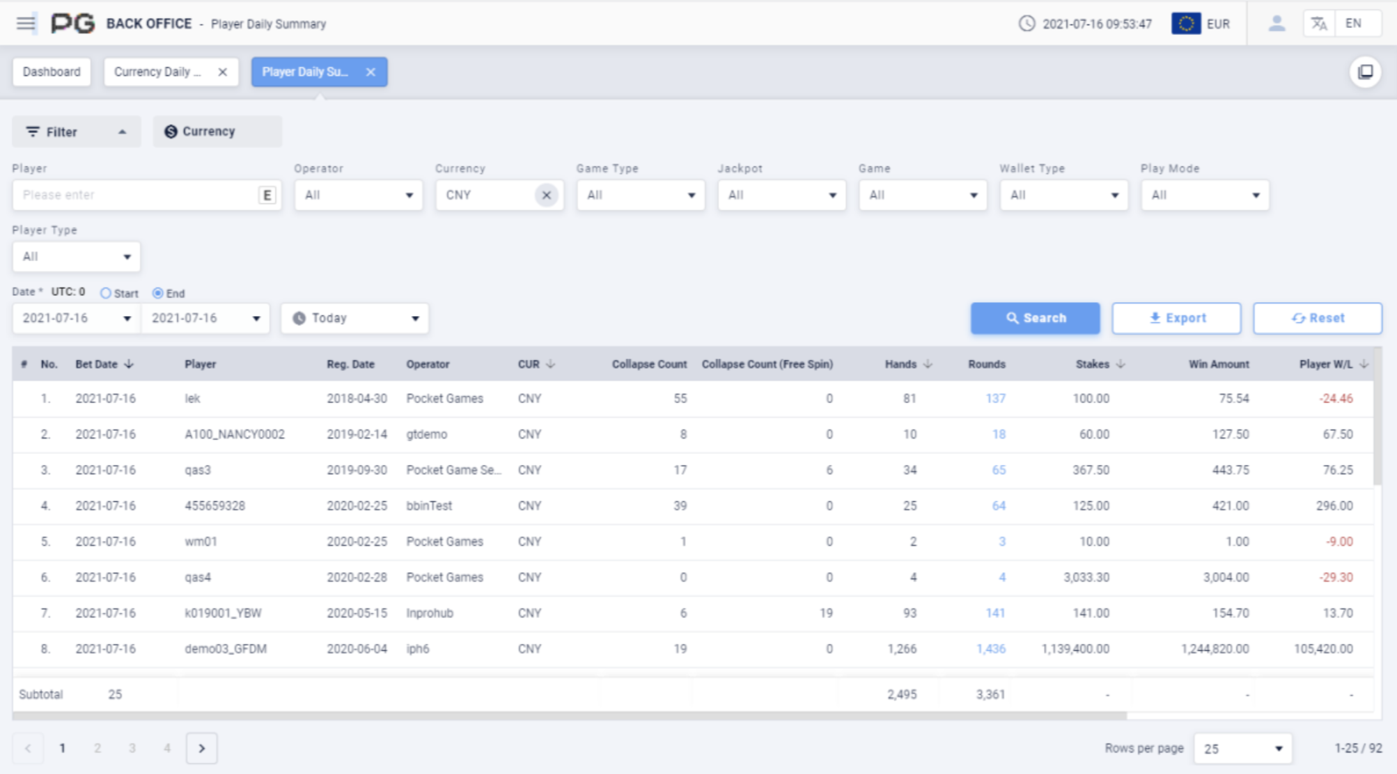Player daily page Player daily page