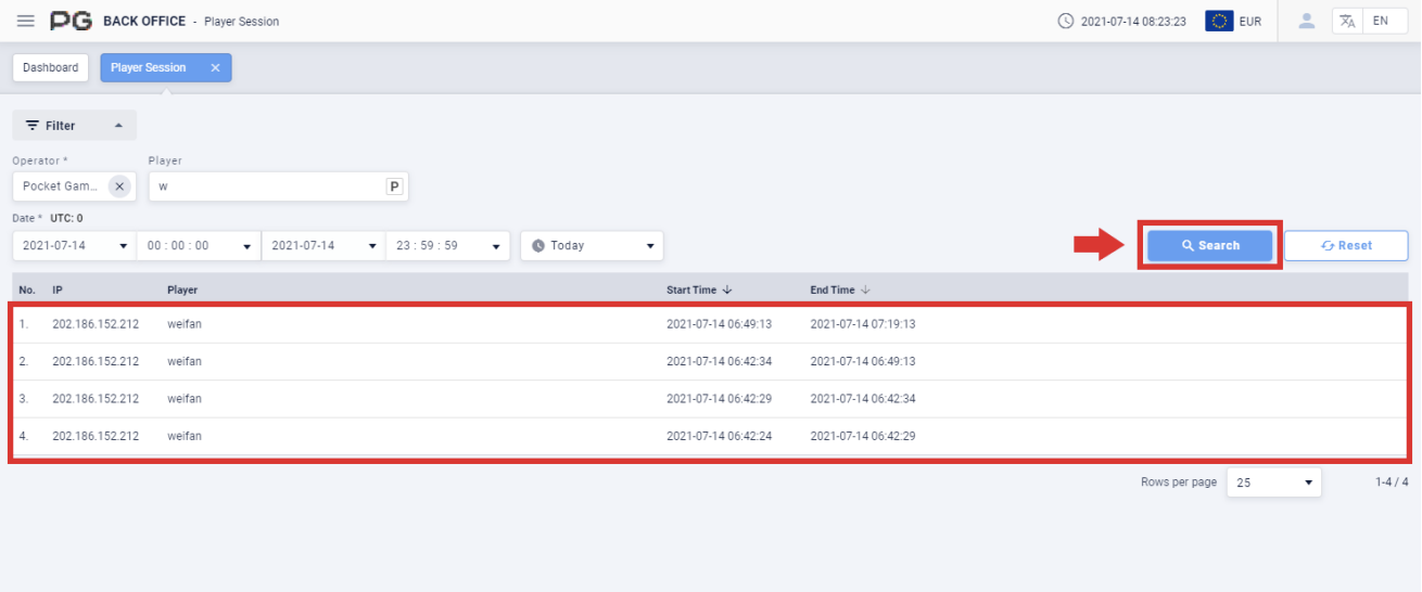Player session search